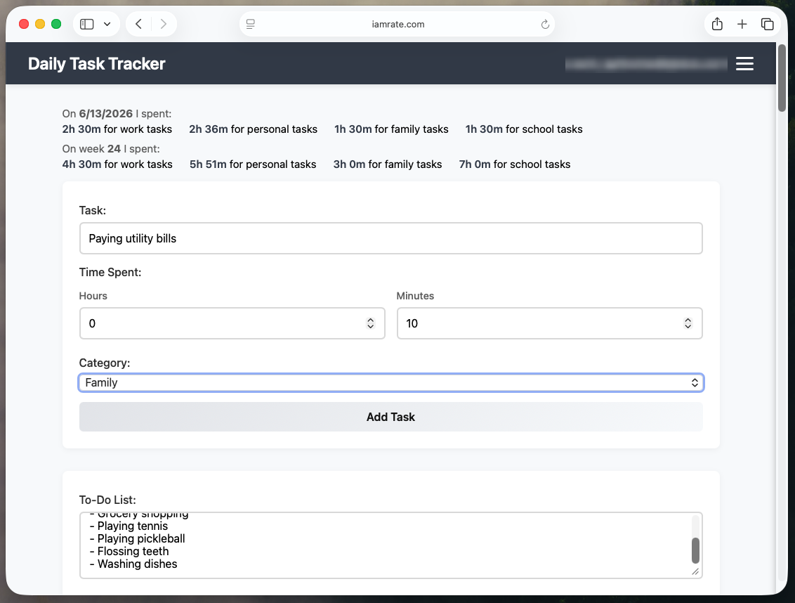 Task entry form showing time spent and category selection